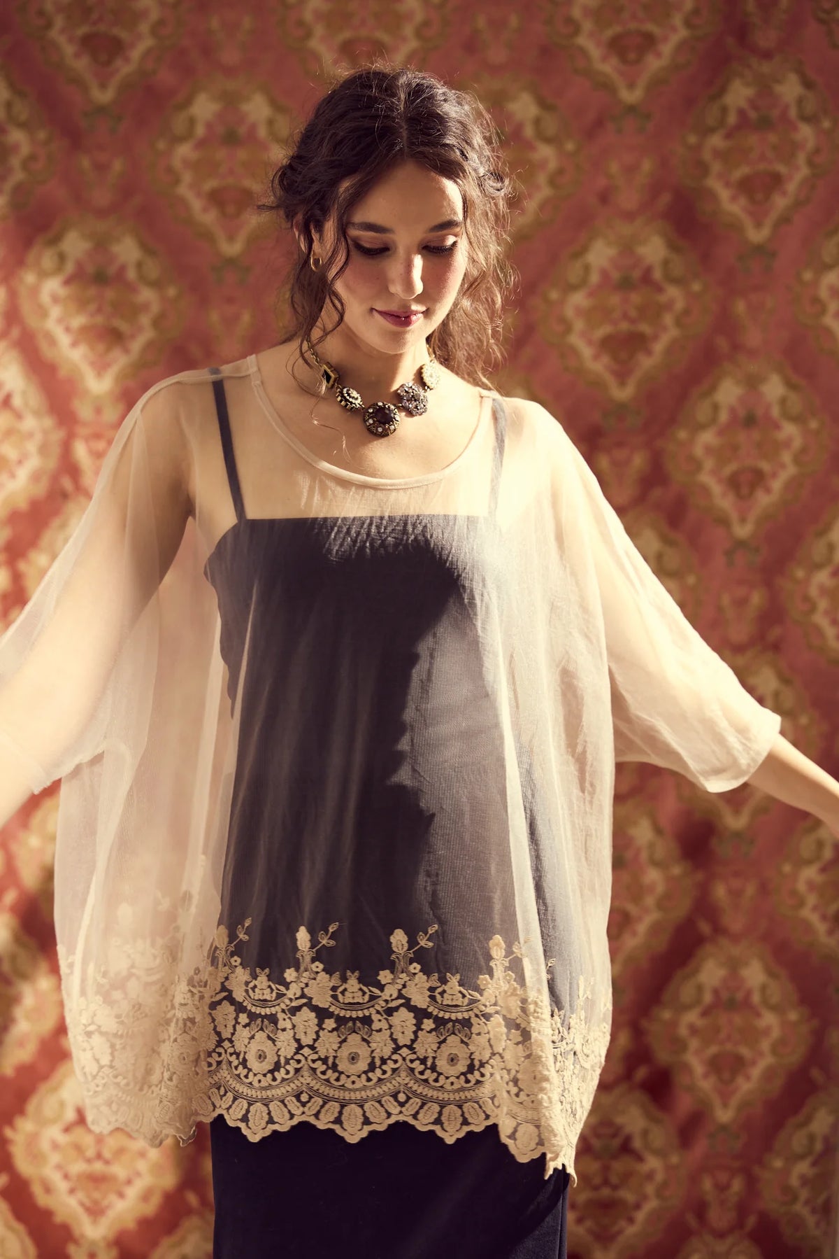 Miss Rose Sister Violet Chantilly Lace Edged Top Champagne