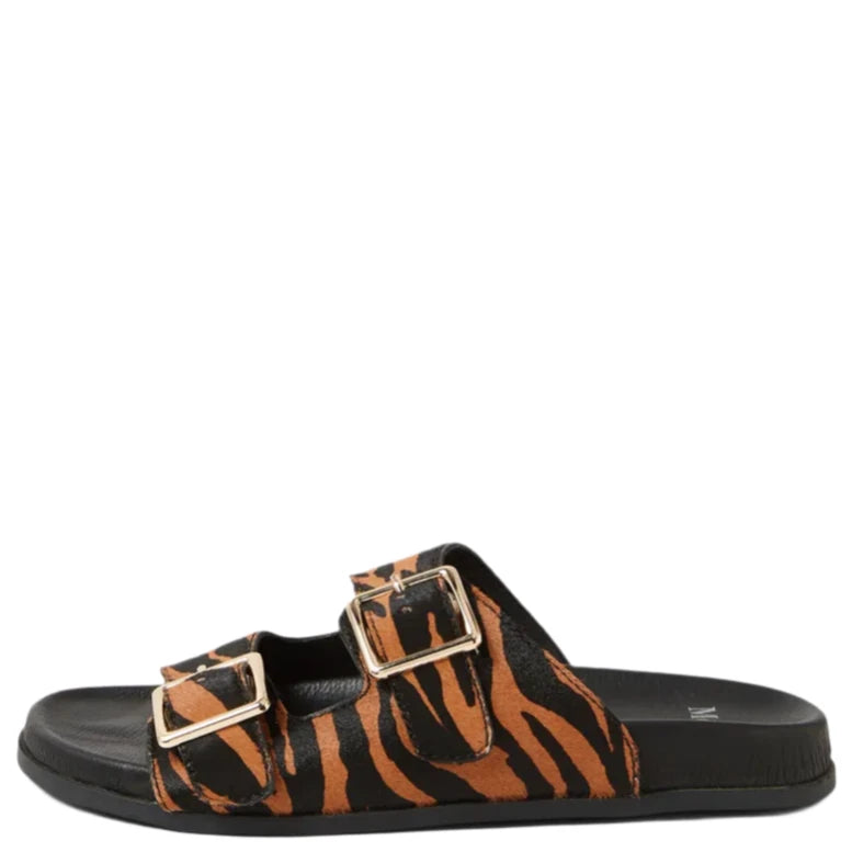 Mollini Harvi Black/ Tan Pony Leather Slides