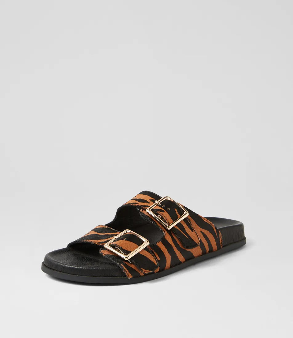 Mollini Harvi Black/ Tan Pony Leather Slides