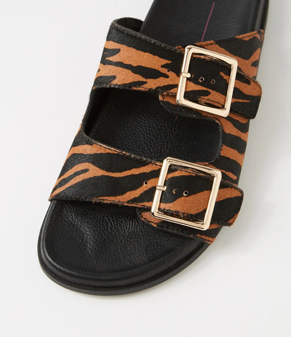 Mollini Harvi Black/ Tan Pony Leather Slides