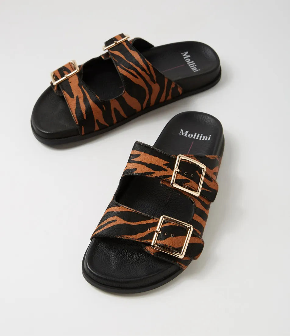 Mollini Harvi Black/ Tan Pony Leather Slides