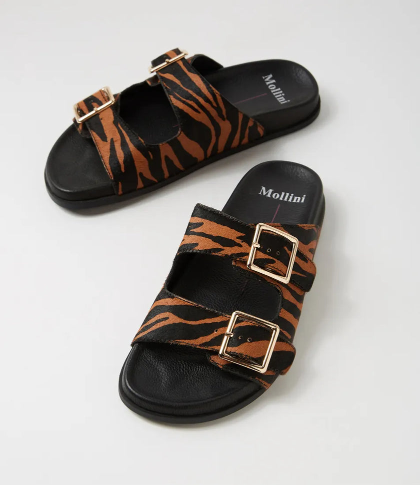 Mollini Harvi Black/ Tan Pony Leather Slides
