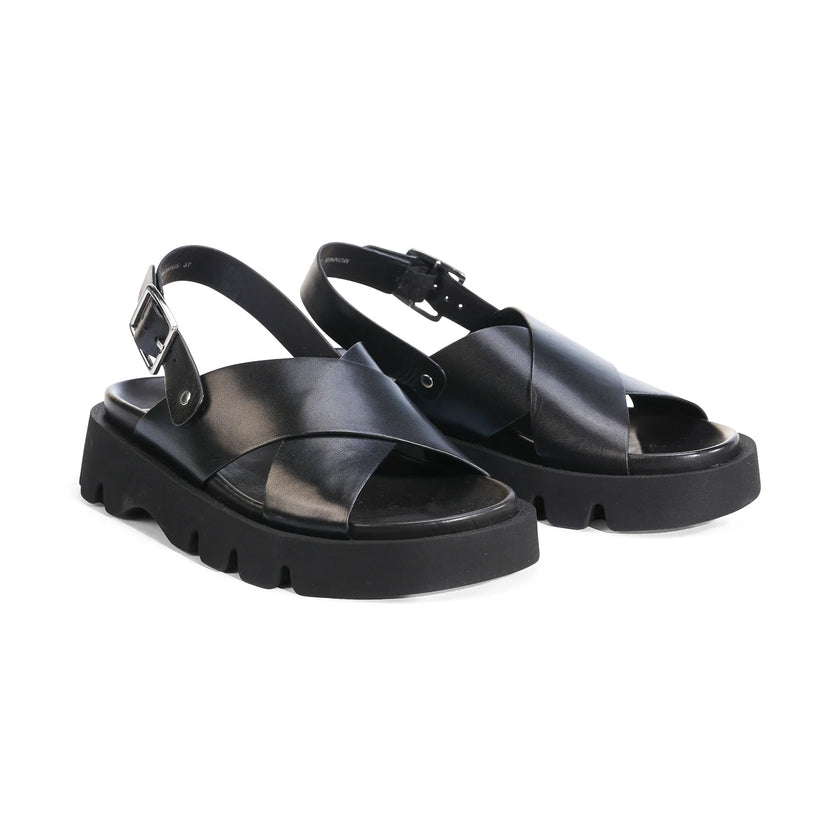 EOS Monnis Black Leather Flatform Sandals