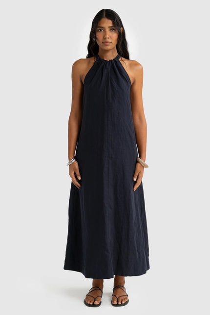 ORTC Luna Linen Halter Full Length Dress French Navy