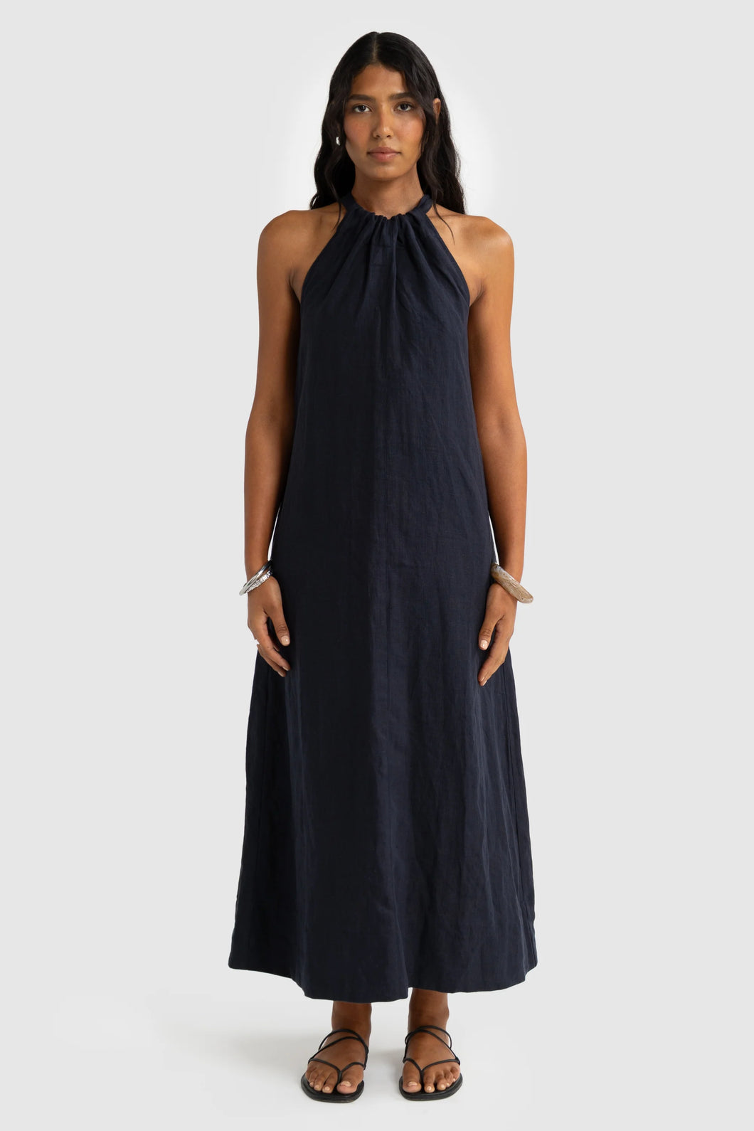 ORTC Luna Linen Halter Full Length Dress French Navy