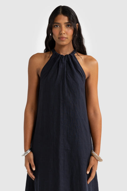 ORTC Luna Linen Halter Full Length Dress French Navy