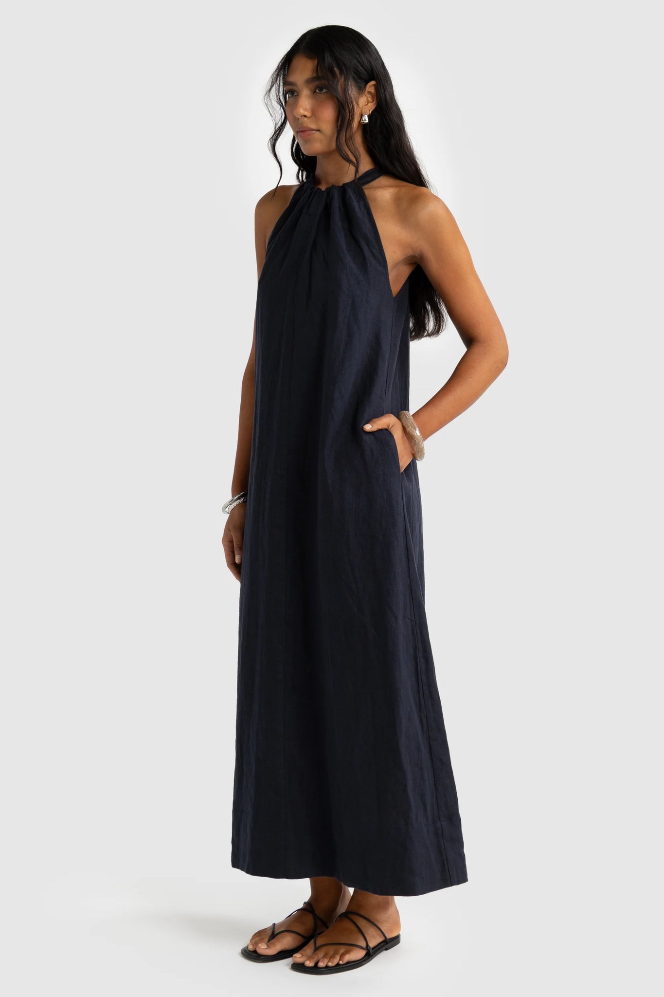ORTC Luna Linen Halter Full Length Dress French Navy  Miss Gladys Sym Choon