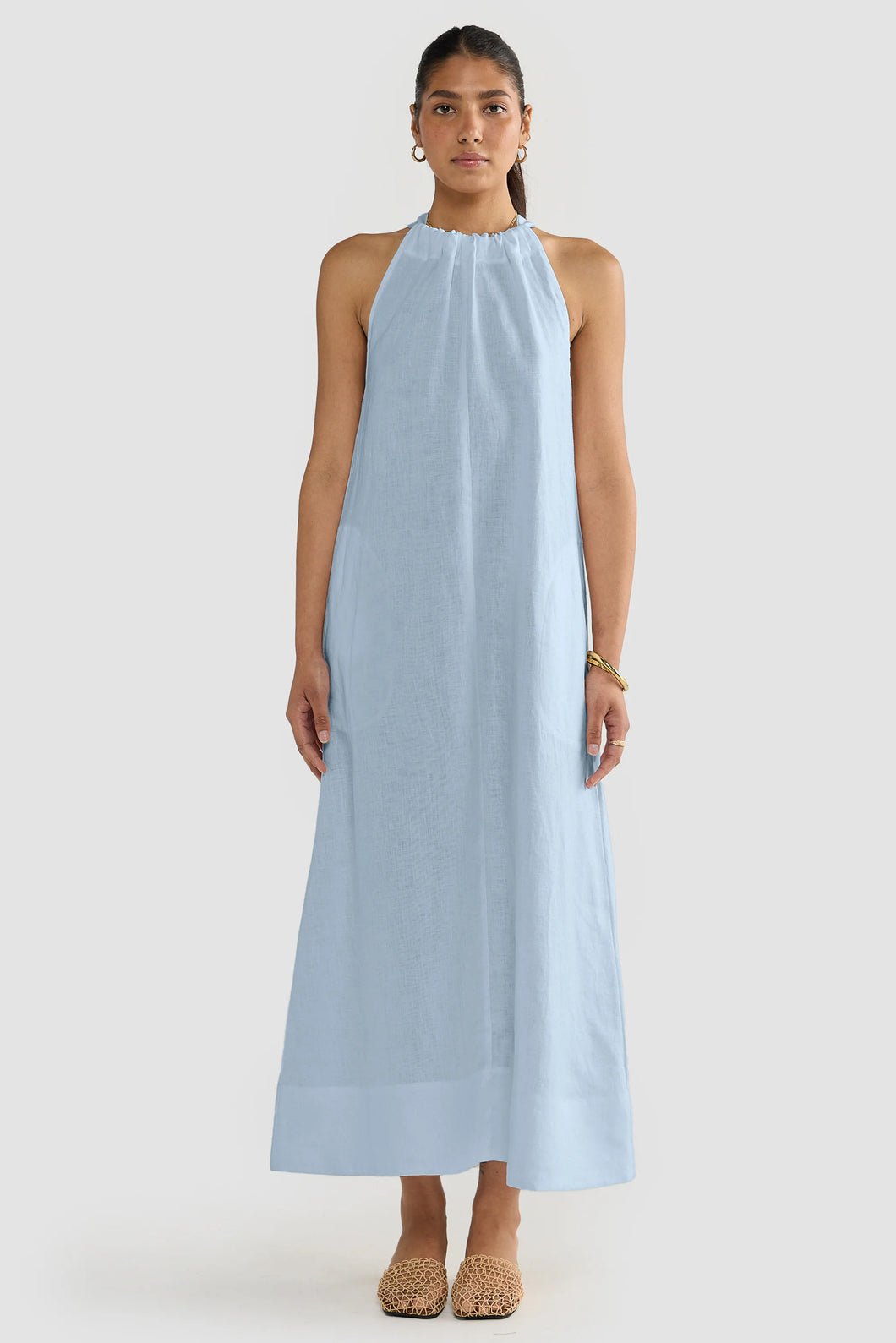 ORTC Luna Linen Halter Full Length Dress Powder Blue