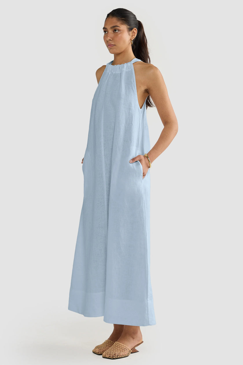 ORTC Luna Linen Halter Full Length Dress Powder Blue