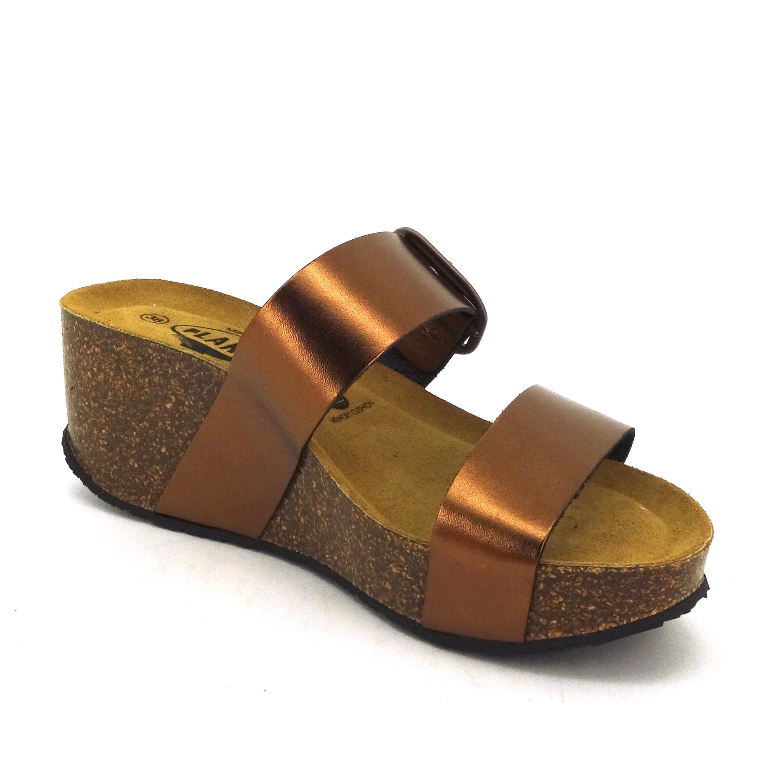 Plakton Sox Terracotta Metallic Leather Cork Platform Slides