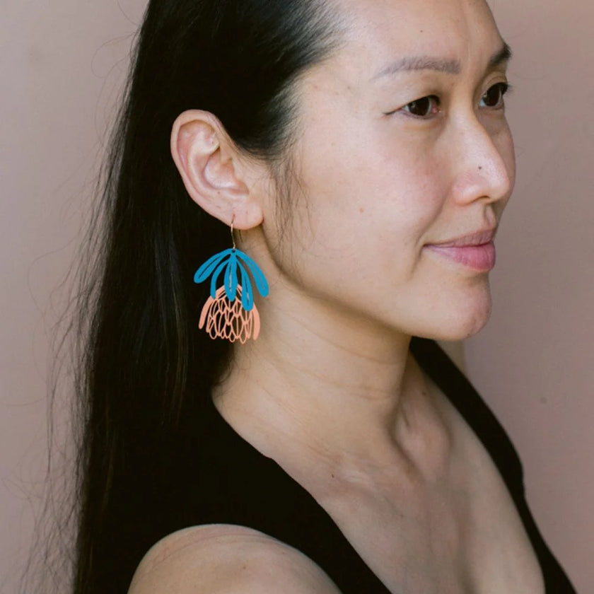 DENZ Protea Flower Earrings Teal/ Orange
