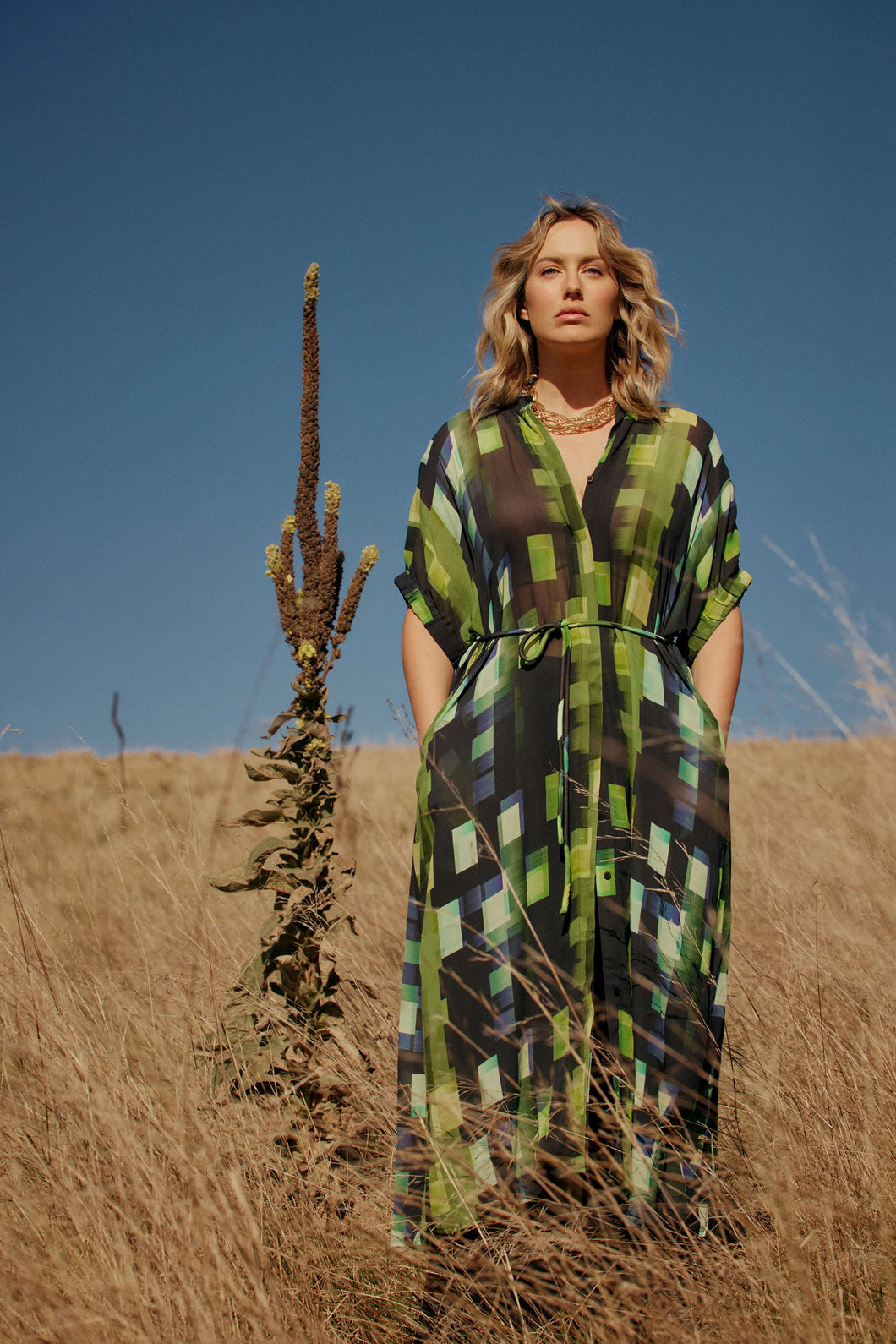 Elk Shutter Grid Sheer Dress Green