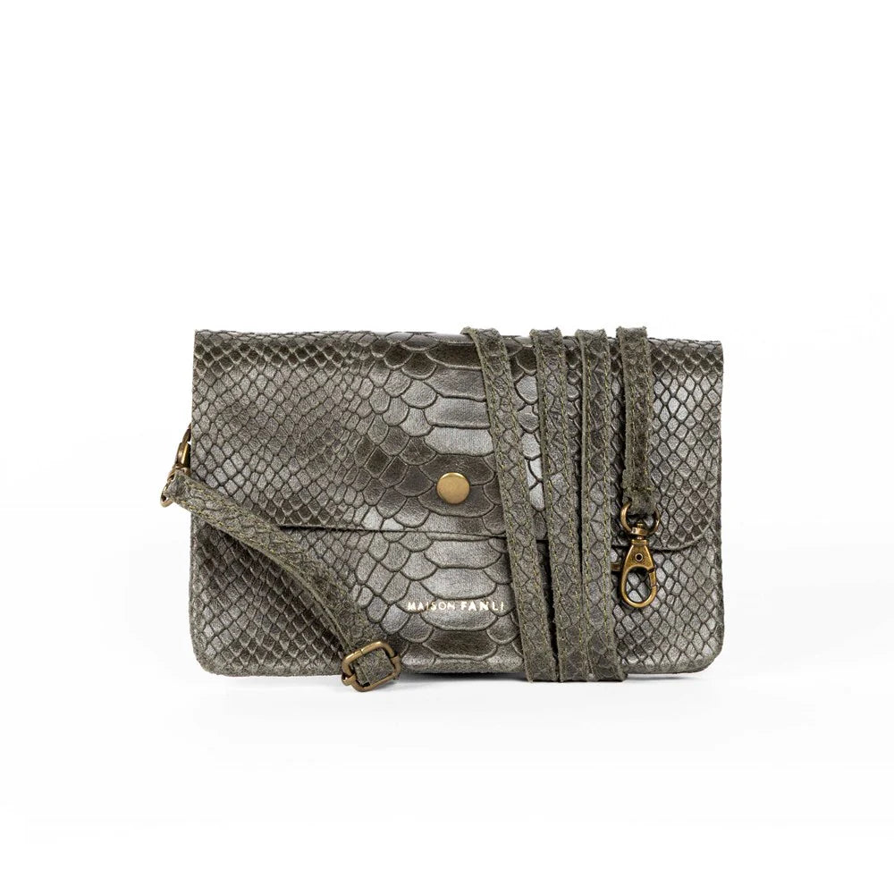 Maison Fanli Snake Leather Clutch Crossbody Bag Khaki