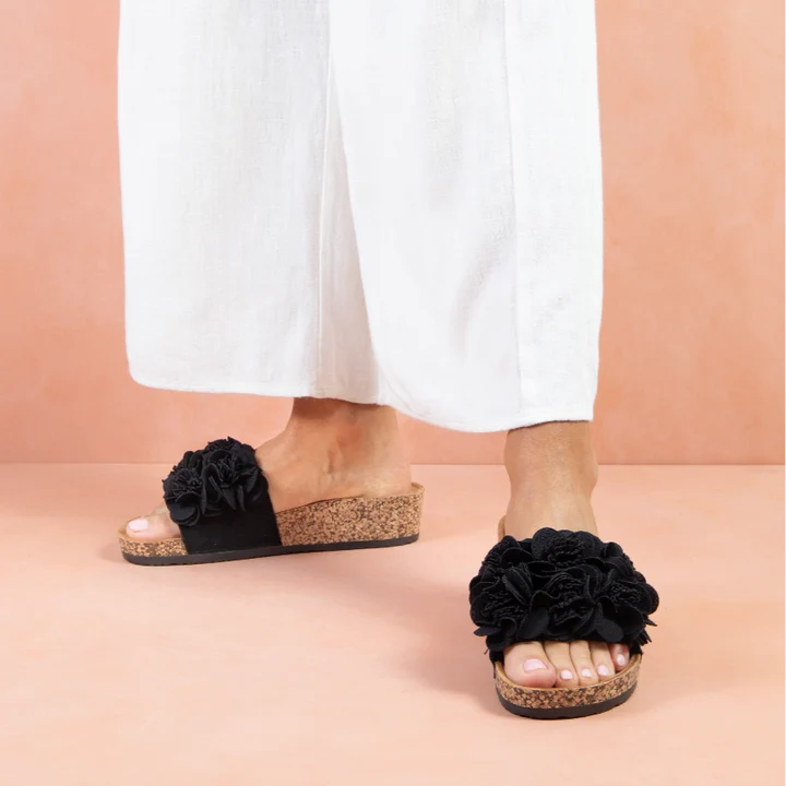 Los Cabos Corsage Embellished Slide Sandals Black