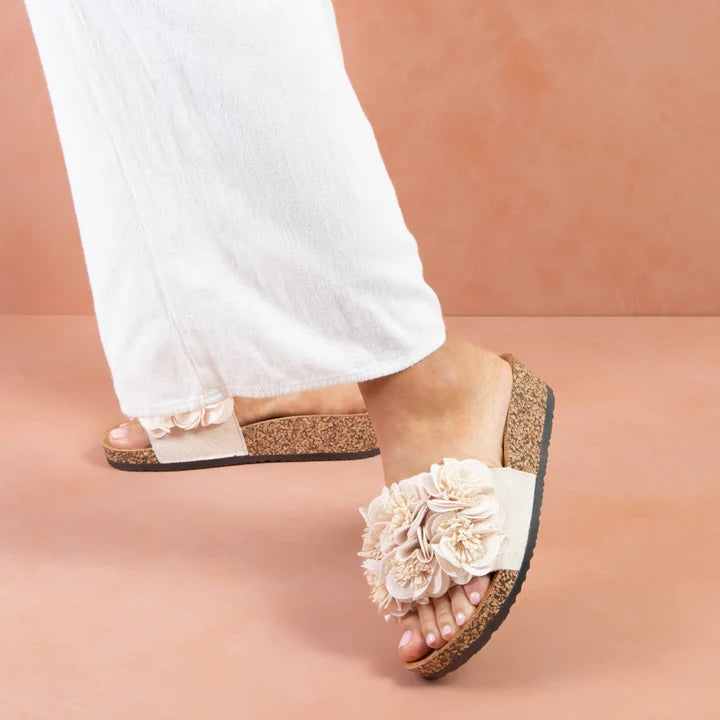 Los Cabos Corsage Embellished Slide Sandals Natural