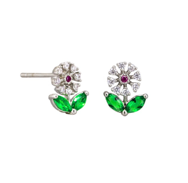 Tiger Tree Silver Crystal Garden Flower Earrings