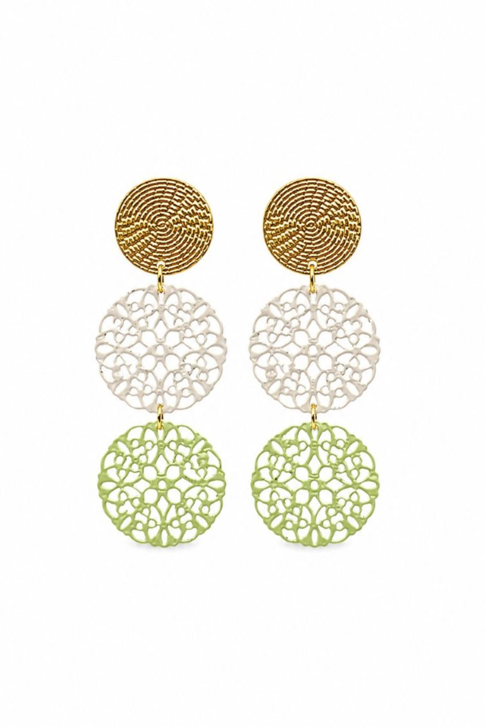 Tiger Tree Gold White and Green Filigree Disc Earrings