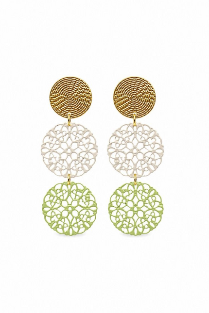 Tiger Tree Gold White and Green Filigree Disc Earrings