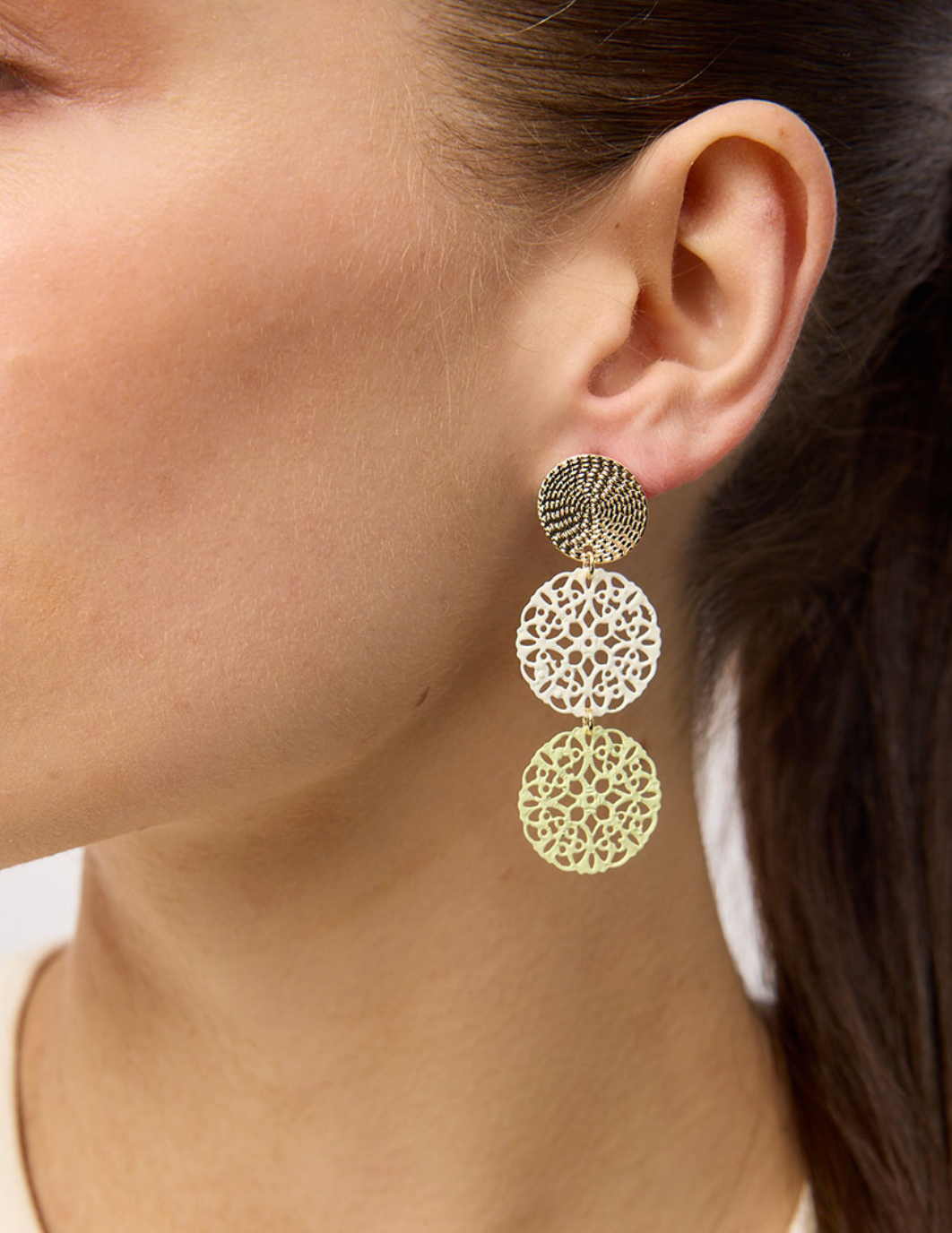 Tiger Tree Gold White and Green Filigree Disc Earrings