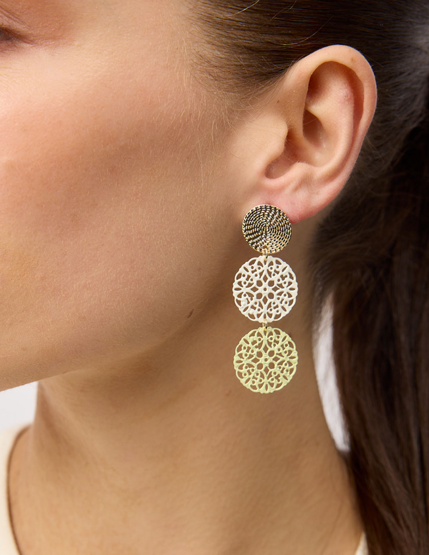 Tiger Tree Gold White and Green Filigree Disc Earrings