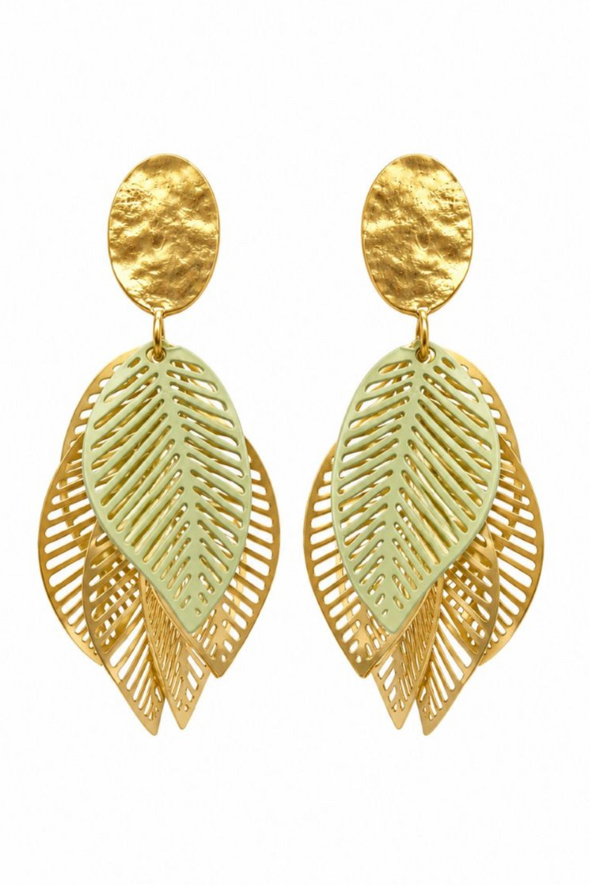 Tiger Tree Gold and Green Leaf Cluster Earrings