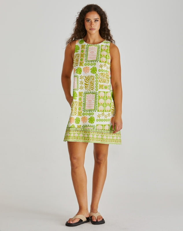Sass Clothing Emmett Tie Back Shift Dress Green Shell Patchwork