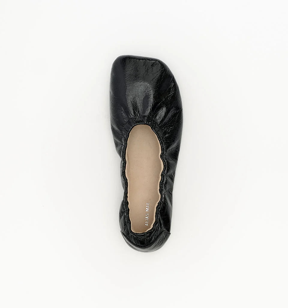 Alias Mae Theresa Square-Toe Ballet Flats Black Oily Crinkle Leather