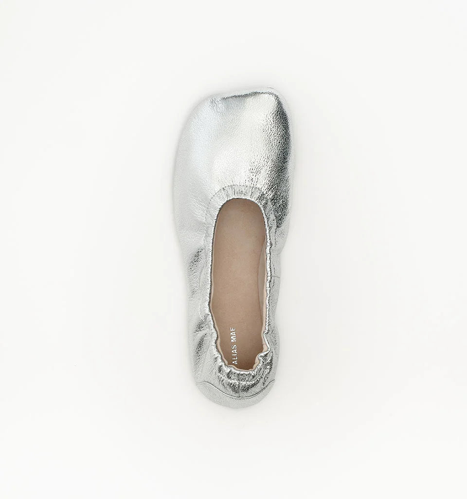 Alias Mae Theresa Square-Toe Ballet Flats Silver Crinkle Leather