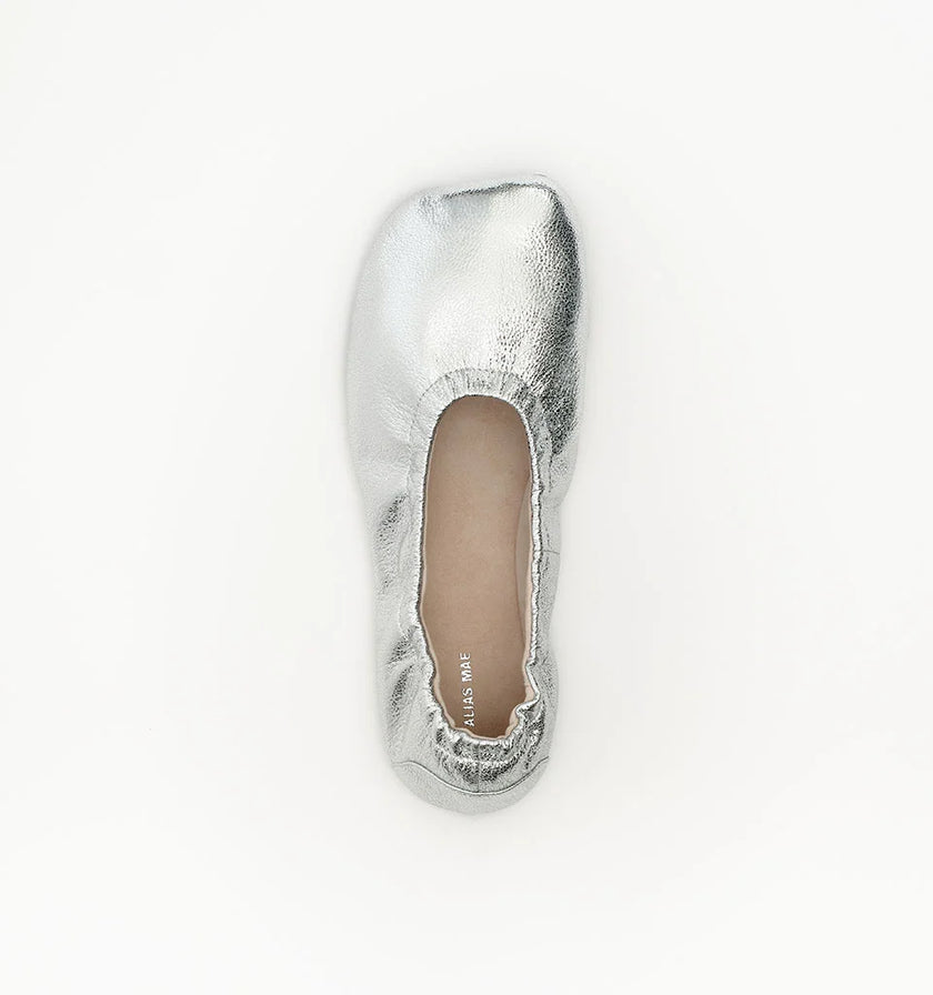 Alias Mae Theresa Square-Toe Ballet Flats Silver Crinkle Leather