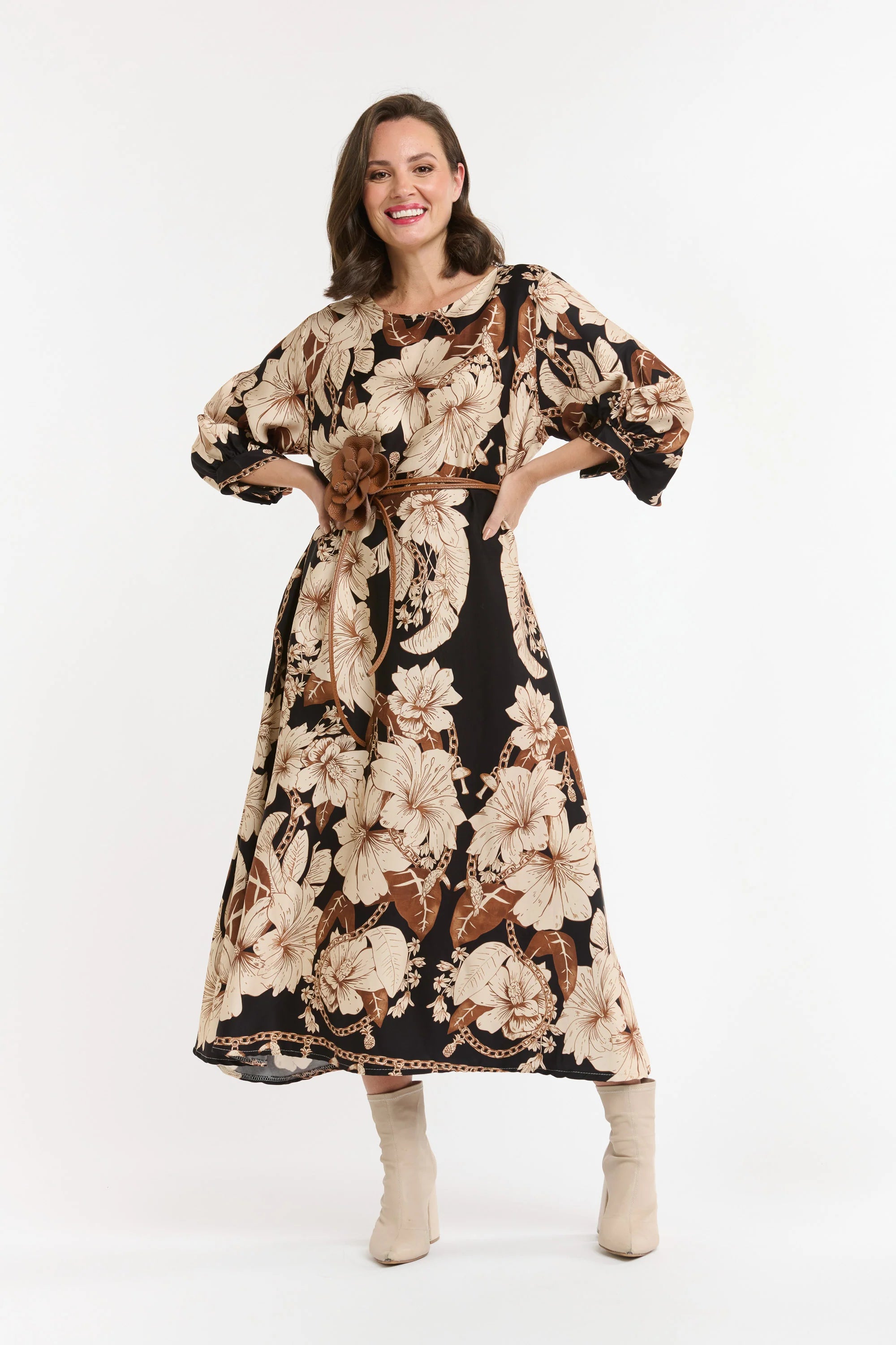 Urban Luxury Flower Dress Black/Caramel/Cream