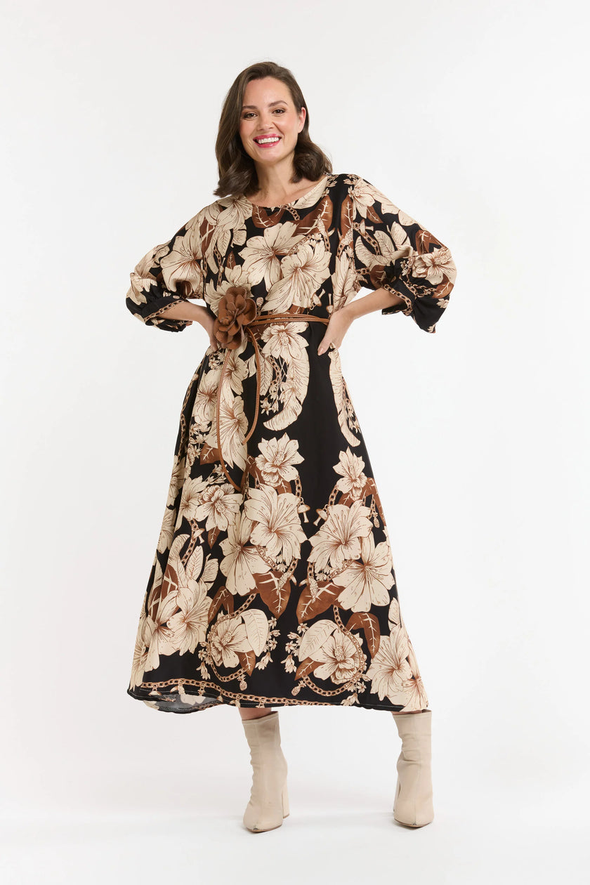 Urban Luxury Flower Dress Black/Caramel/Cream