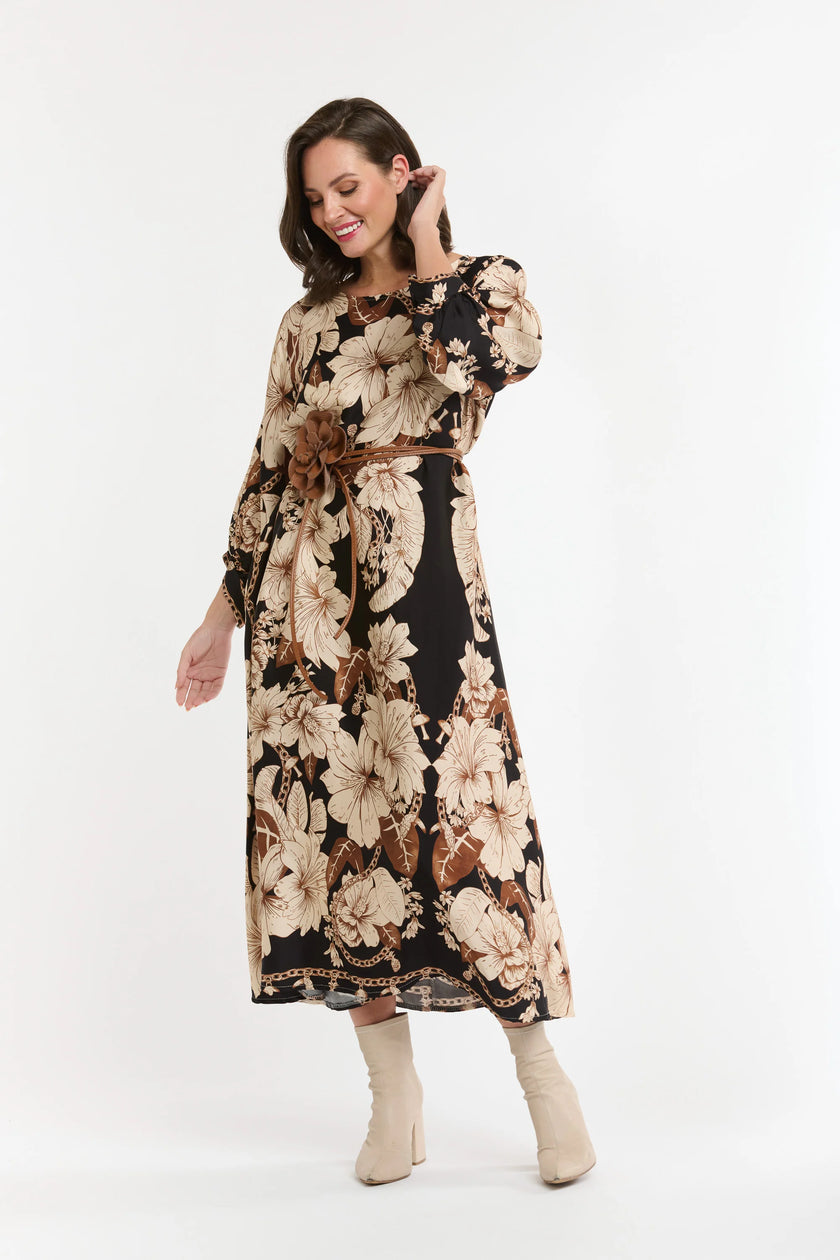 Urban Luxury Flower Dress Black/Caramel/Cream