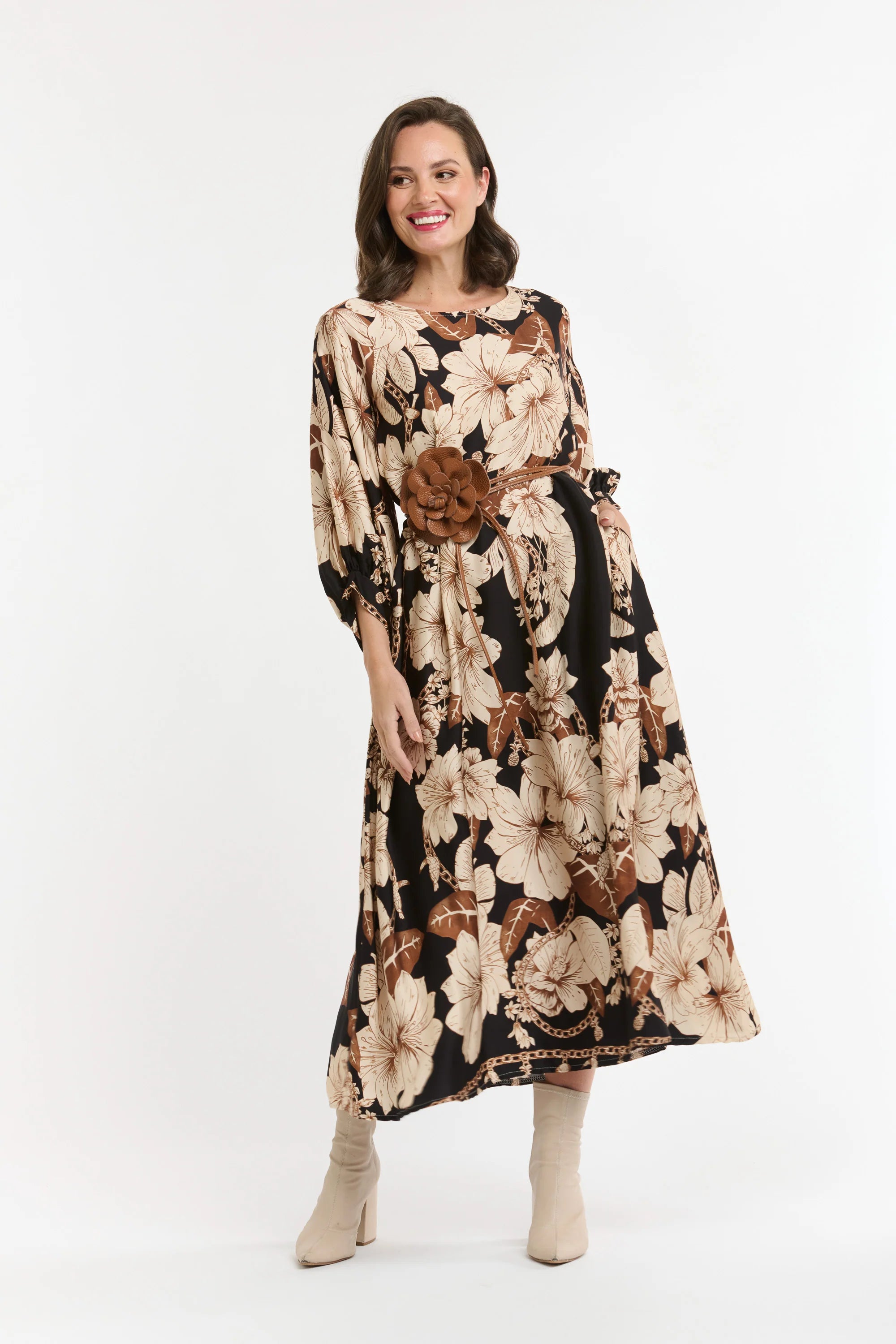 Urban Luxury Flower Dress Black/Caramel/Cream