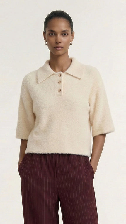 Staple The Label Fluffy Knit Polo Natural Beige