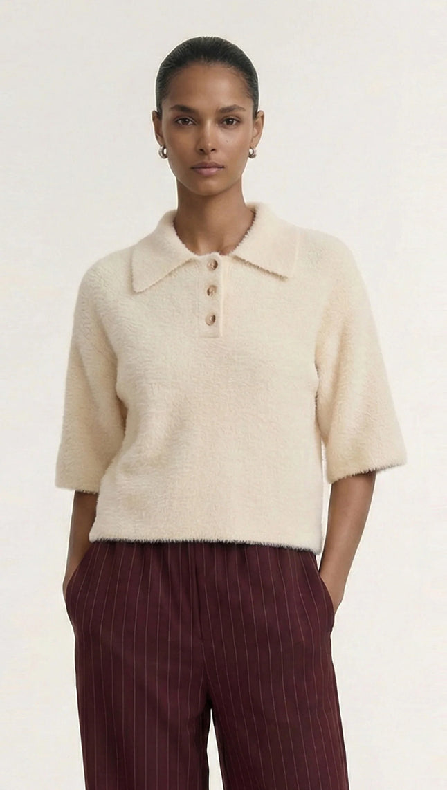 Staple The Label Fluffy Knit Polo Natural Beige
