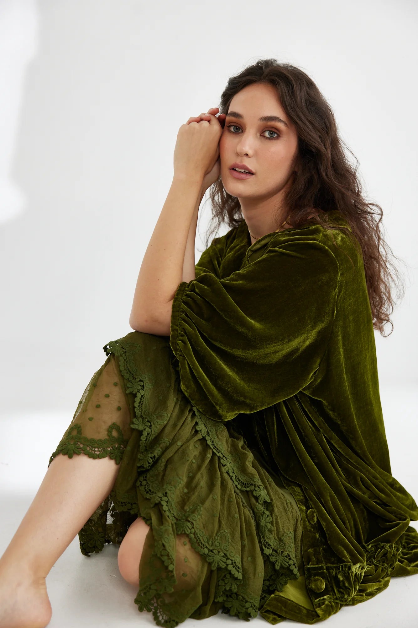 Miss Rose Sister Violet Florentine Velvet Coat Dress Moss