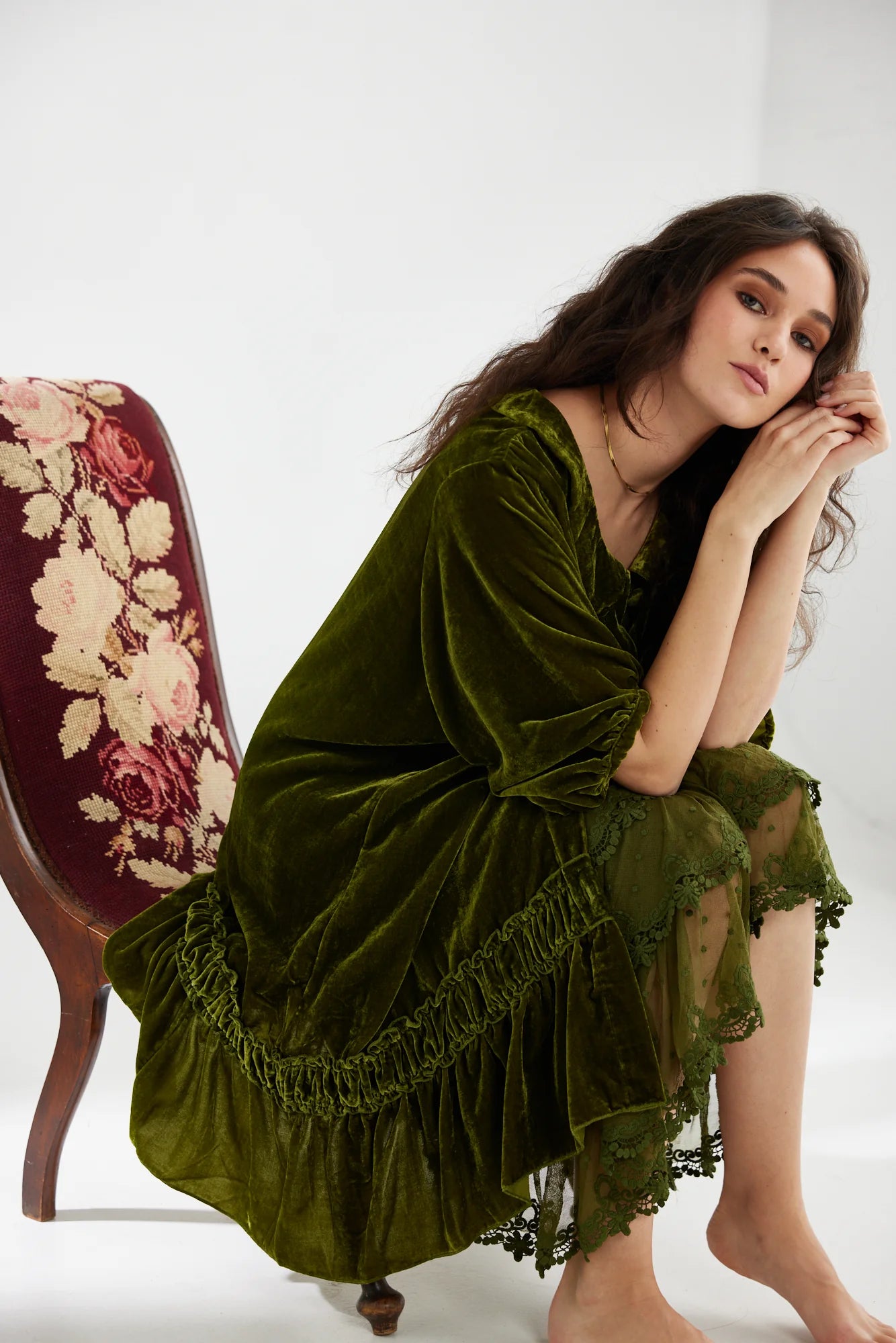 Miss Rose Sister Violet Florentine Velvet Coat Dress Moss