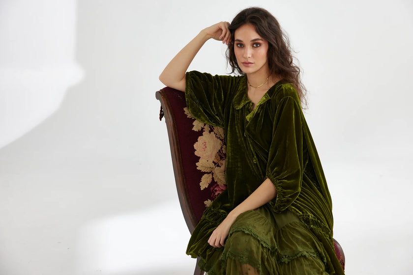 Miss Rose Sister Violet Florentine Velvet Coat Dress Moss