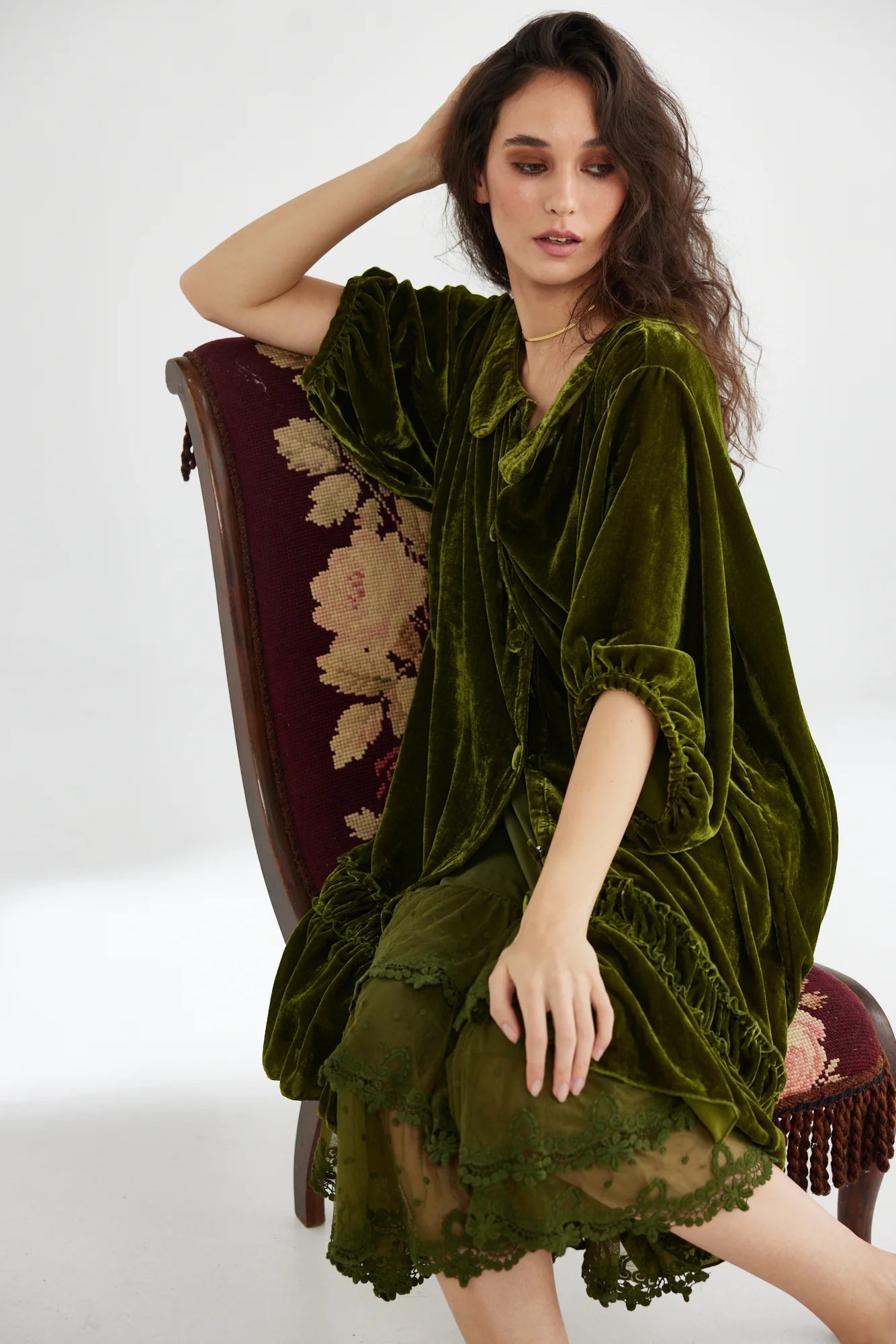 Miss Rose Sister Violet Florentine Velvet Coat Dress Moss
