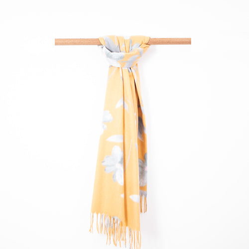 JJ Sisters Z46 Cotton Viscose Print Scarf Mustard Leaves