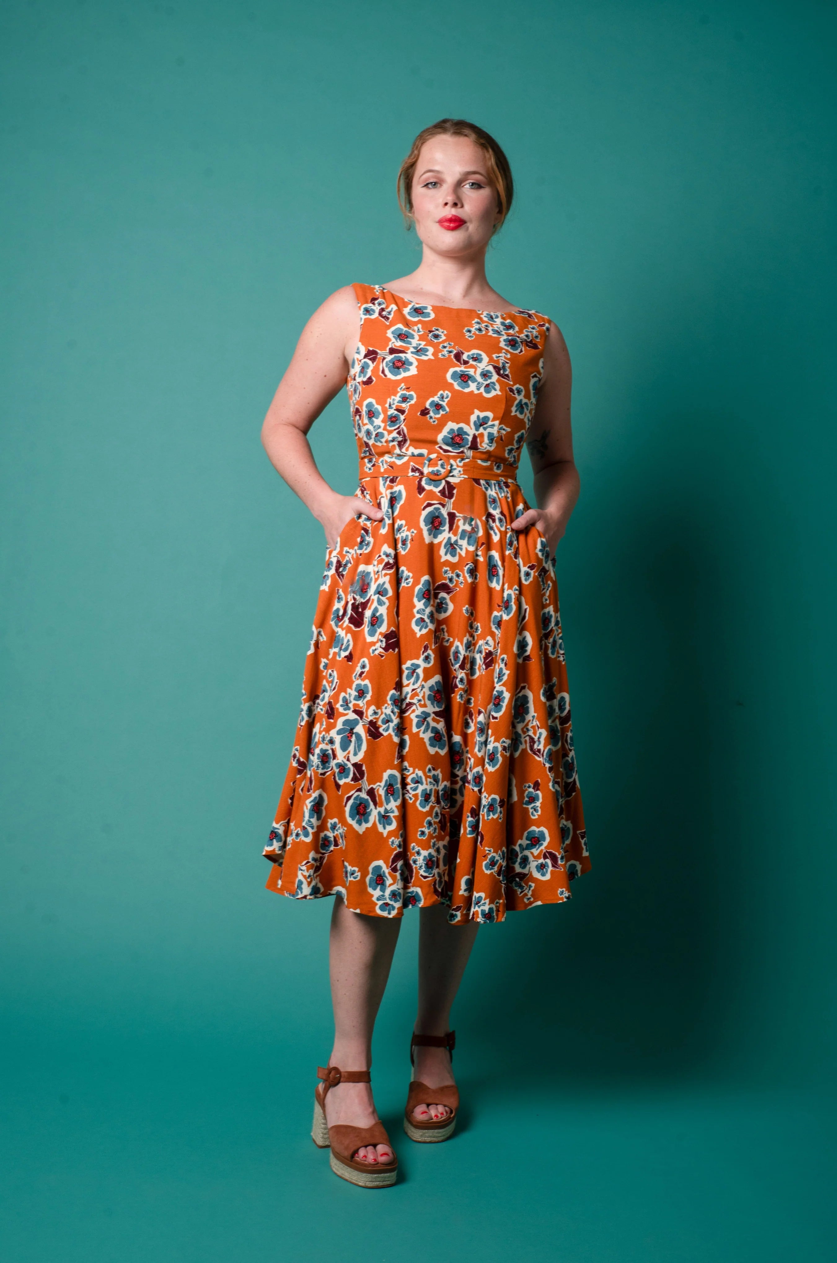 Elise Design Maeve Linen Dress Orange/Blue Floral
