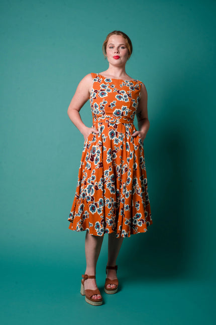 Elise Design Maeve Linen Dress Orange/Blue Floral