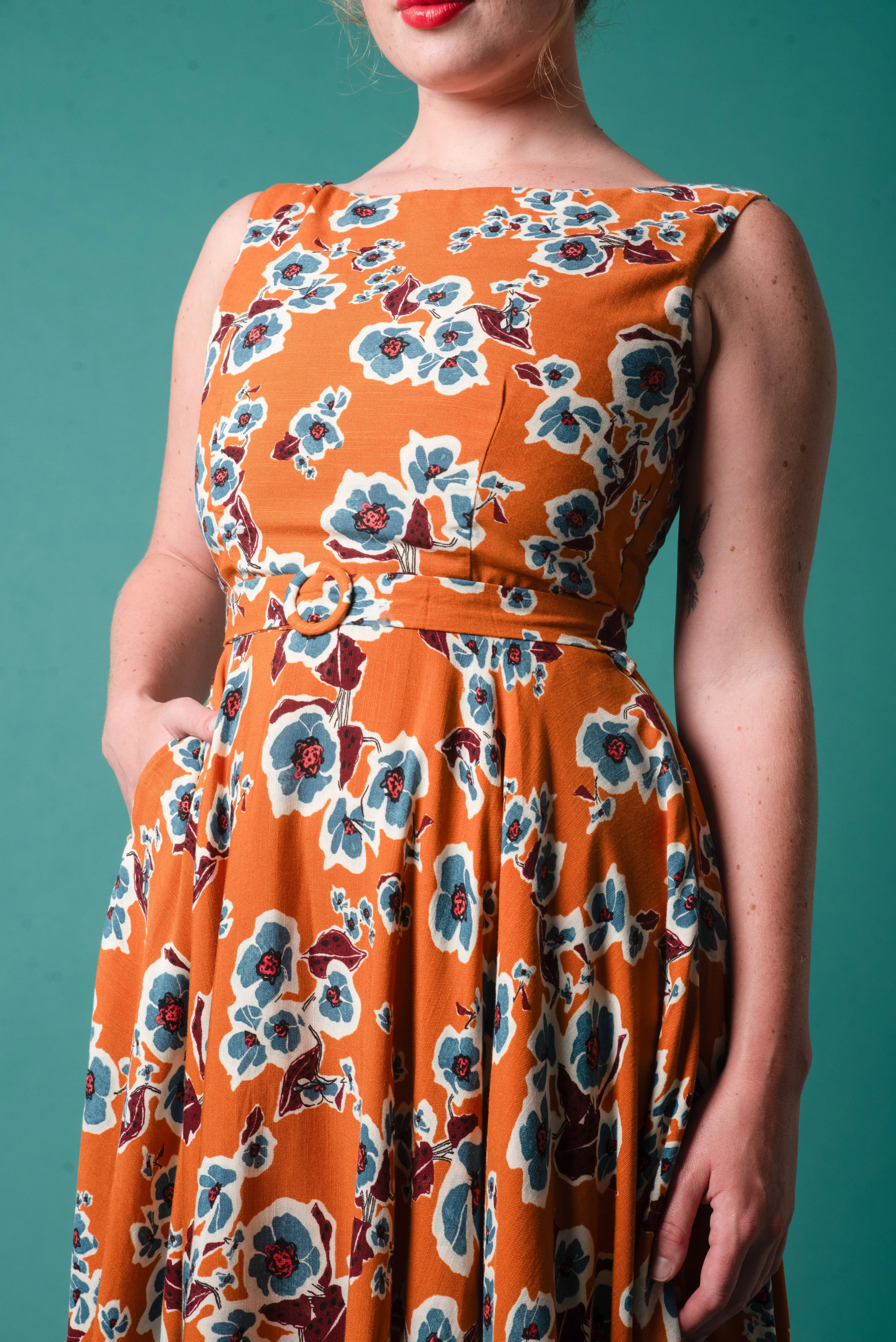 Elise Design Maeve Linen Dress Orange/Blue Floral