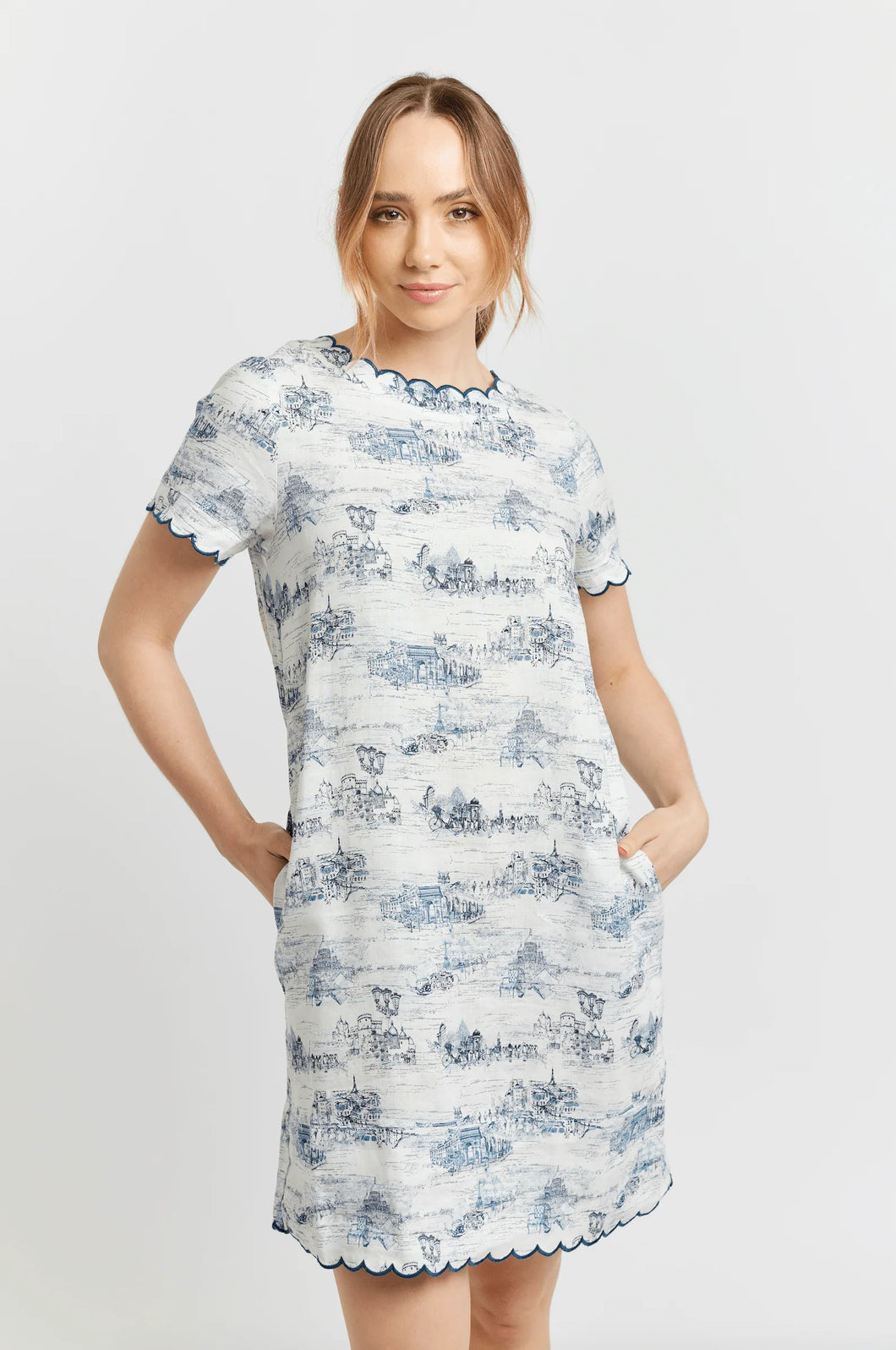 Alessandra Linen Mod Dress Navy Print