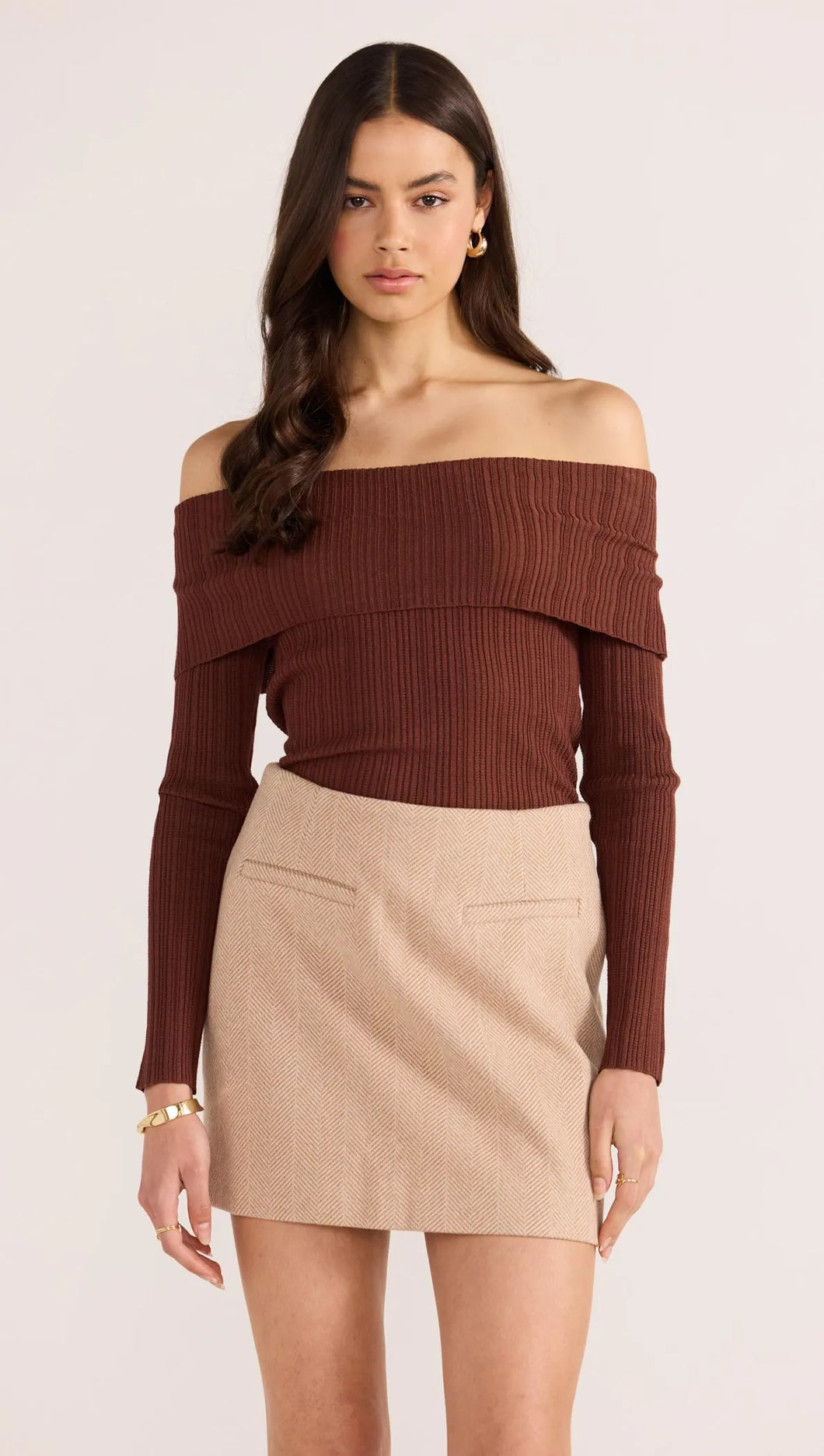 MINKPINK Zoe Off Shoulder Knit Top Chocolate