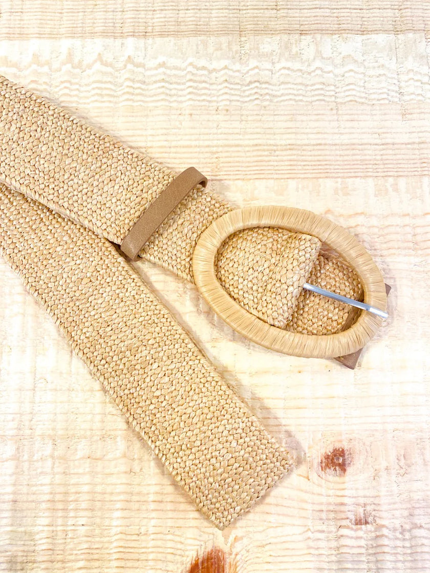 Angels Whisper Woven Oval Buckle Straw Belt Tan