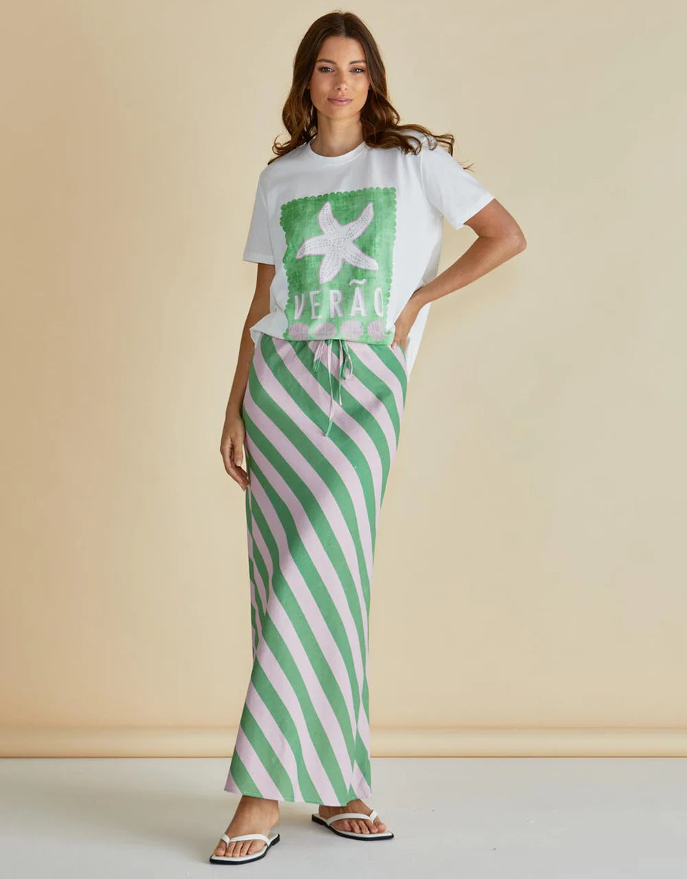 Betty Basics Brooke Bias Skirt Green/ Pink Stripe