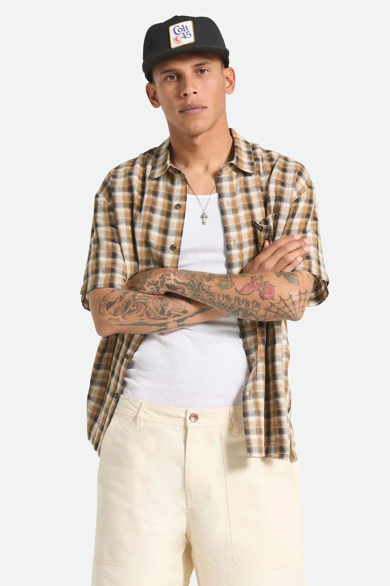 Brixton Cru Linen Blend Plaid SS Shirt Black/Tobacco Plaid