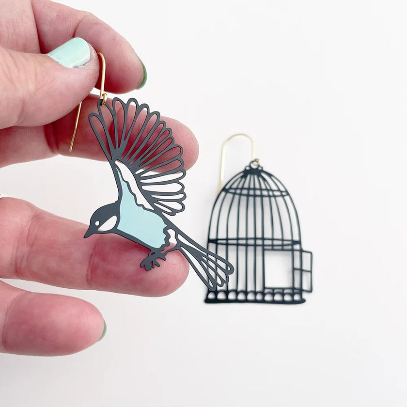 DENZ Birdcage & Bird Earrings Black/ Duckegg