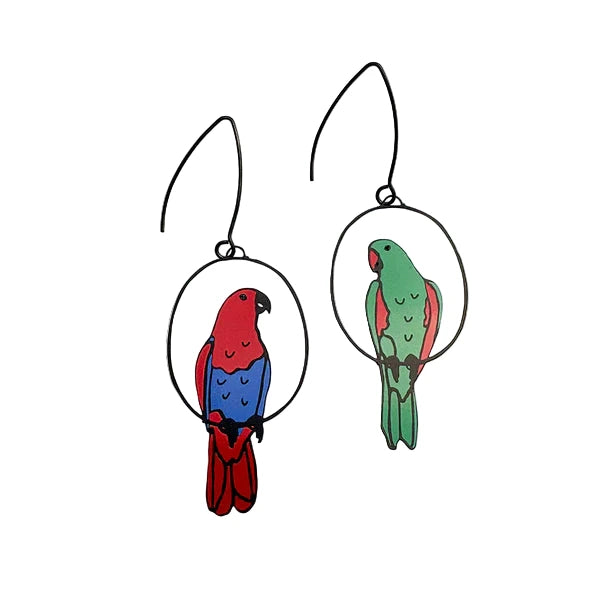 DENZ Eclectus Parrot Mismatched Earrings Red/Blue/Green